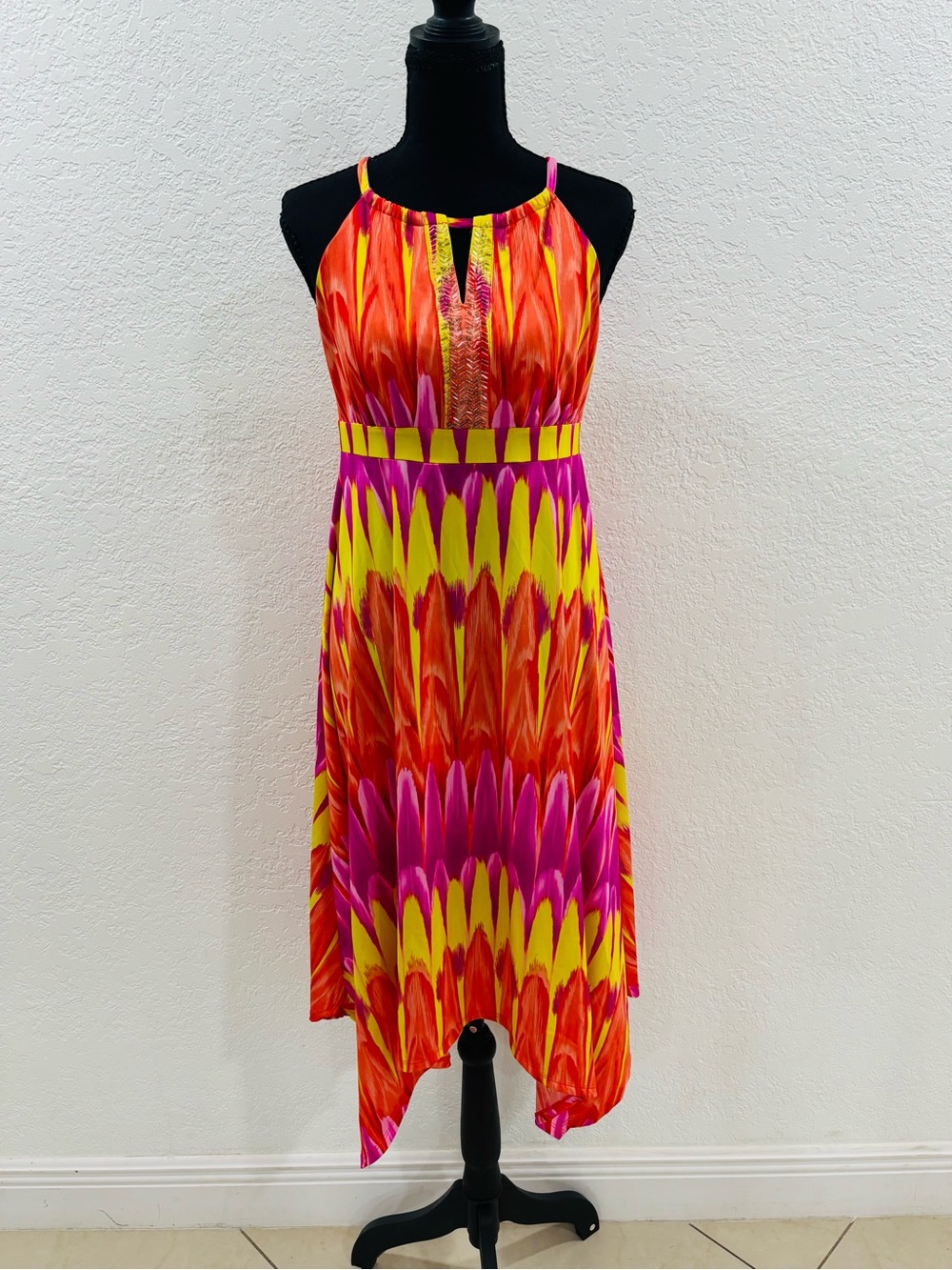 INC International Concepts Bright Pink, Yellow & Orange High-Low Halter Dress